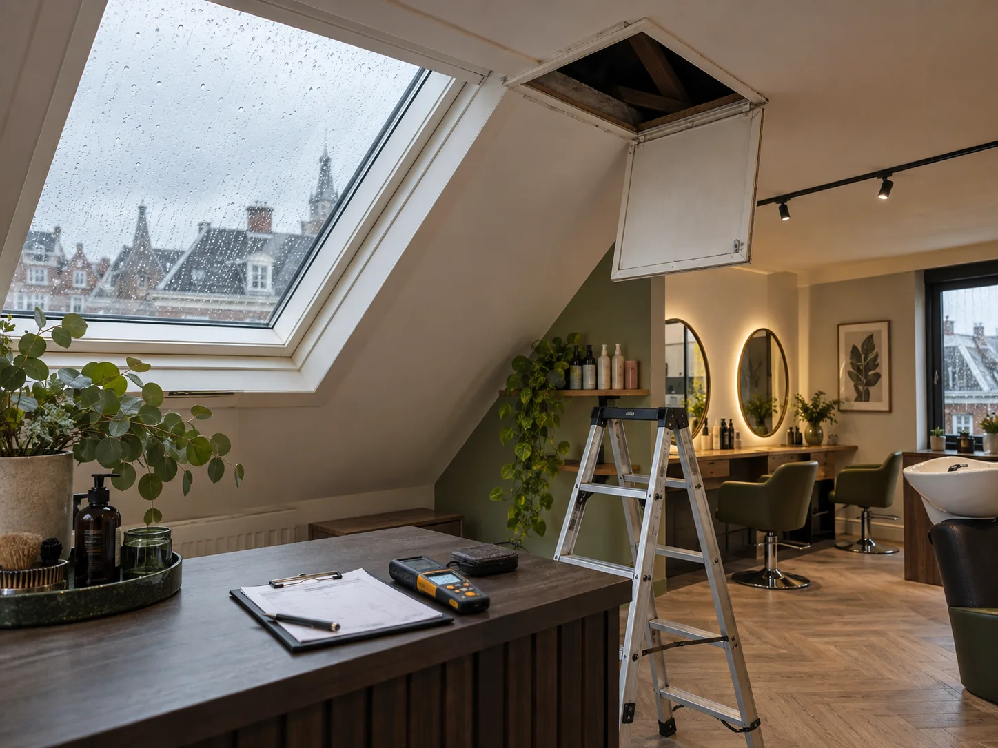 Inspectie van plafond, dakraam en vochtconditie in een kapsalon
