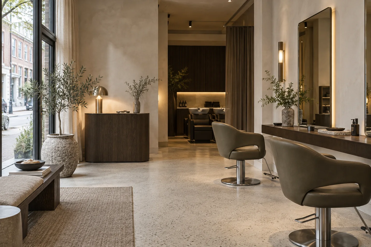 Modern saloninterieur met warme materialen, behandelstoelen en natuurlijk licht